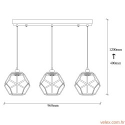 Vislica DEGIMEN metalna crna, 96 x 26 cm, visina 120 cm, podesiva visina, duljina kabla 90 cm, 3 x E27 40 W, Degirmen - MR-103