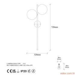 Zidna lampa FAZLIzlatna, metal- staklo promjer 15 cm ( 2x) ukupna dimenzija 32 x 27 x 72 cm, 2 x E14 40 W, Fazli - 10410