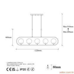 Vislica JEWEL 1 zlatna, metal- staklo, 122 x 15 cm, ukupna visina 49-91 cm, promjer kugli 15 cm, 5 x E14 15 W, Jewel - 10625