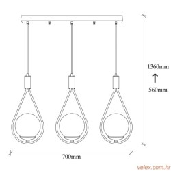 Vislica MUDONI TRIS crna, metal- staklo, 70 x 15 cm, visina 146 cm, promjer kugli 15 cm, 3 x E27 40 W, Mudoni - MR - 939