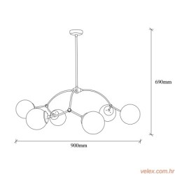 Vislica KROMOZOM 1021 crna, metal- staklo, 90 x 90 cm, visina 69 cm, promjer kugli 15 cm, 6 x E27 40 W, Kromozom - 1022