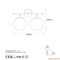 Zidna lampa ROE zlatna, metal- staklo promjer 15 cm ( 2x) ukupna dimenzija 36 x 24 x 16 cm, 2 x E14 40 W, Roe - 10735