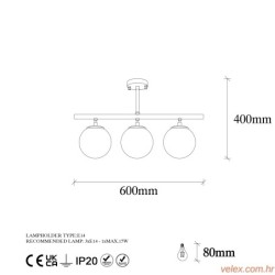 Stropna lampa ATMACA 3 crna, metal- staklo, 60 x 15 cm, visina 37 cm, promjer kugli 15 cm, 3 x E27 15W, Atmaca - 10280