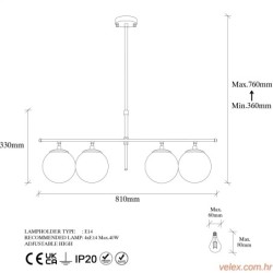 Vislica ROE zlatna, metal- staklo, 81 x 15 x 36-76 cm, podesiva visina, promjer kugli 15 cm, 4 x E14 40 W, Roe - 10780