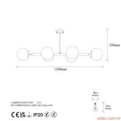 Stropna lampa FAZLI crna, metal- staklo, 110 x 40 x 35 cm, promjer kugli 15 cm, 6 x E14 40 W, Fazli - 10486