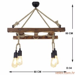 Vislica MERDIVEN, drvo, ručni rad, 80 x 34 x 60 cm, 4 X E27 40 W, Merdiven Halat 3