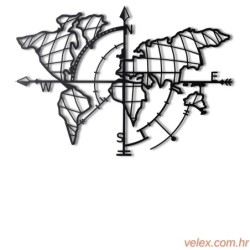 Metalna zidna dekoracija, World Map Compass Led - Black