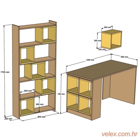 Studijski stol i policu za knjige, Box - White, Walnut